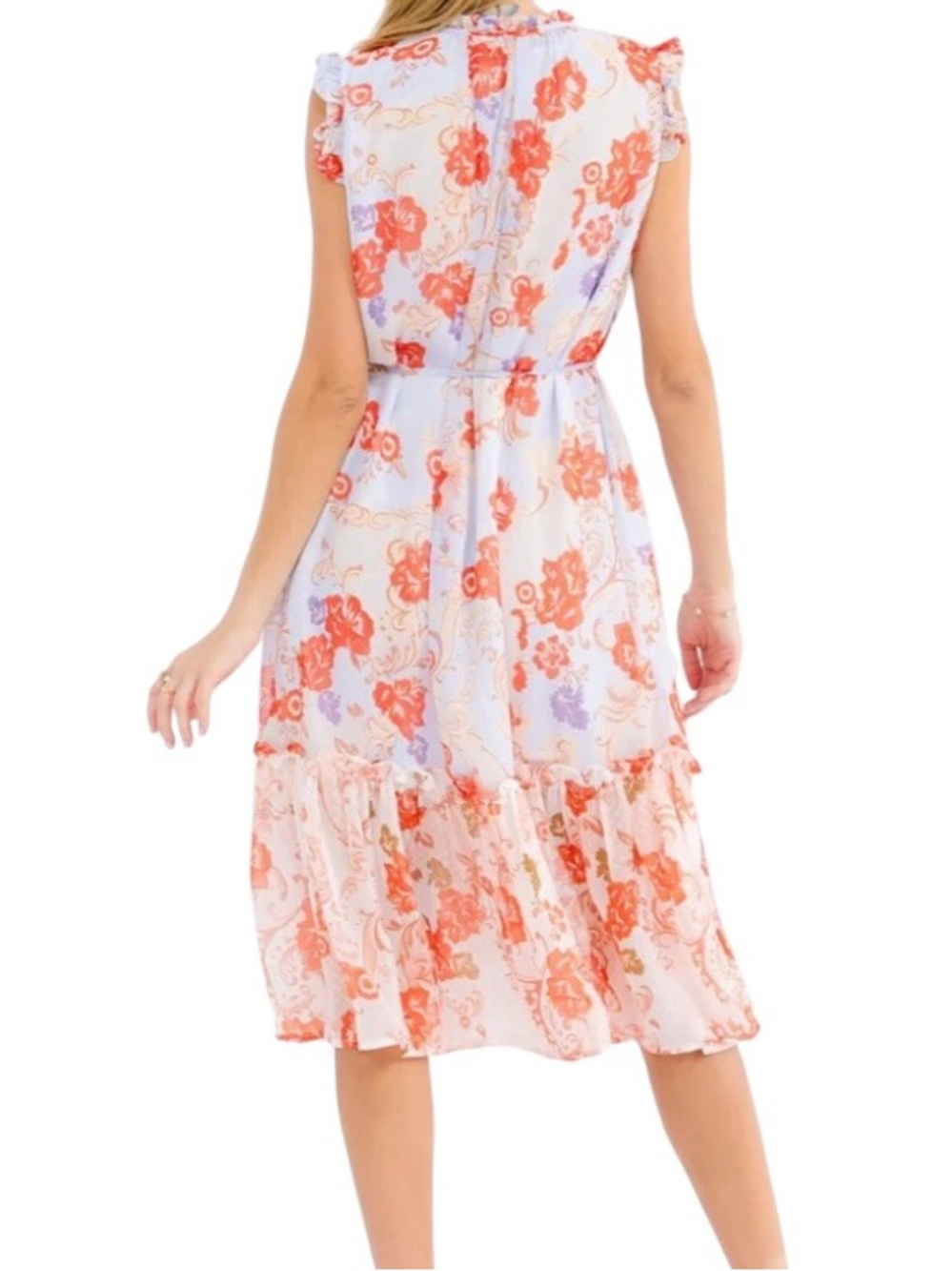 Ina Floral Chiffon Lined Ruffle Middy Dress Blue/Coral - Picture 4 of 4